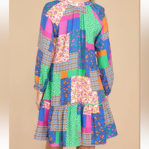 Fate Womens All In Good Time Green Patchwork Mini Dress Sz Small Floral Popover - Picture 3 of 14